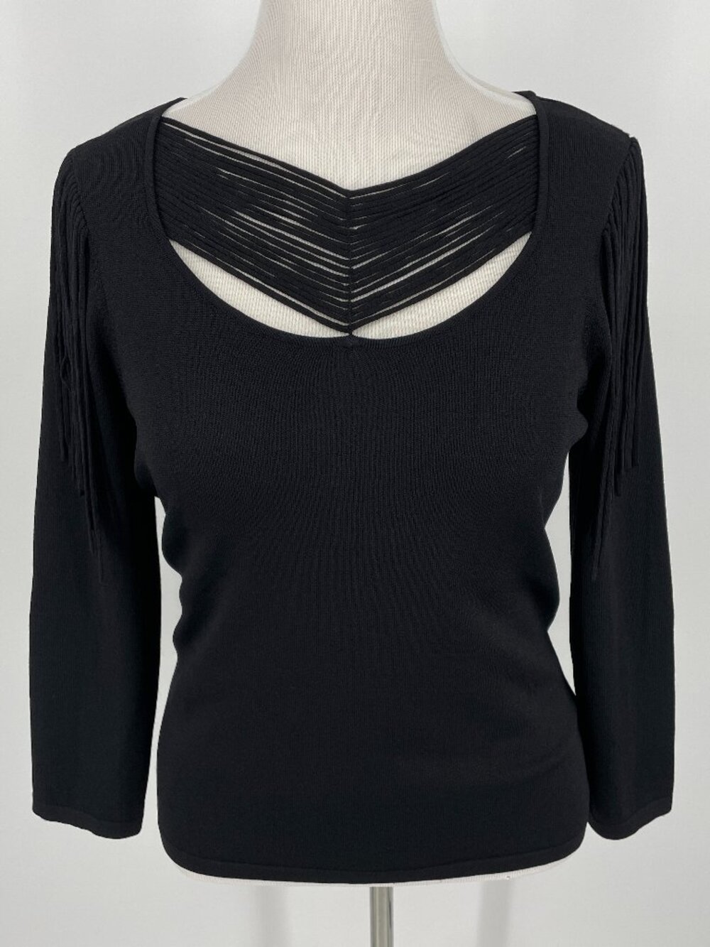 Ruby Cho Black Fringe Strappy Cage Neck Knit Sweater Top Size L